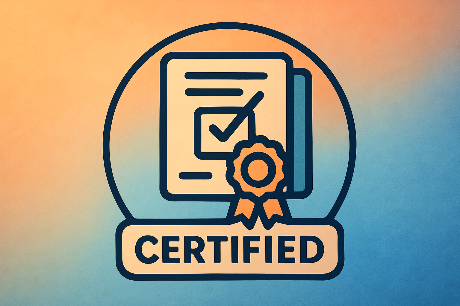 photographic A vibrant and inviting icon for a certification program The background is a soft gradient of warm oranges and cool blues  This should loo